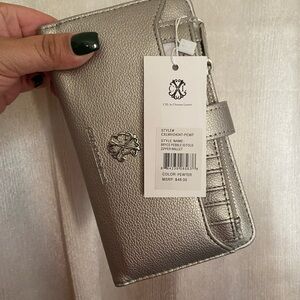 Christian Lacroix Metallic Pewter Embossed Fold Zipper Wallet